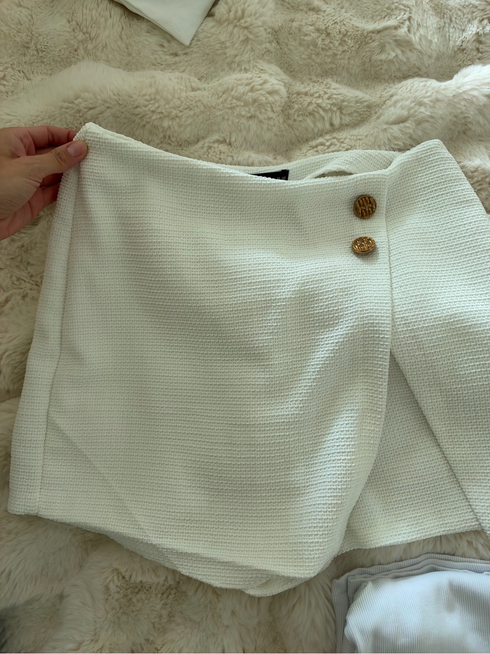 Zara Cream Textured Wrap Skort with Gold Buttons